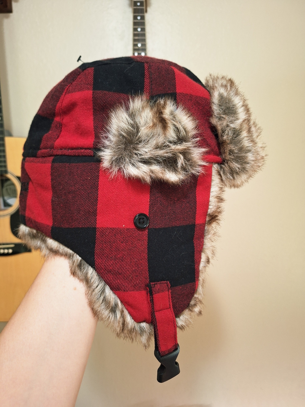 Men's Red And Black Plaid Faux Fur Trapper Hat Size L/XL